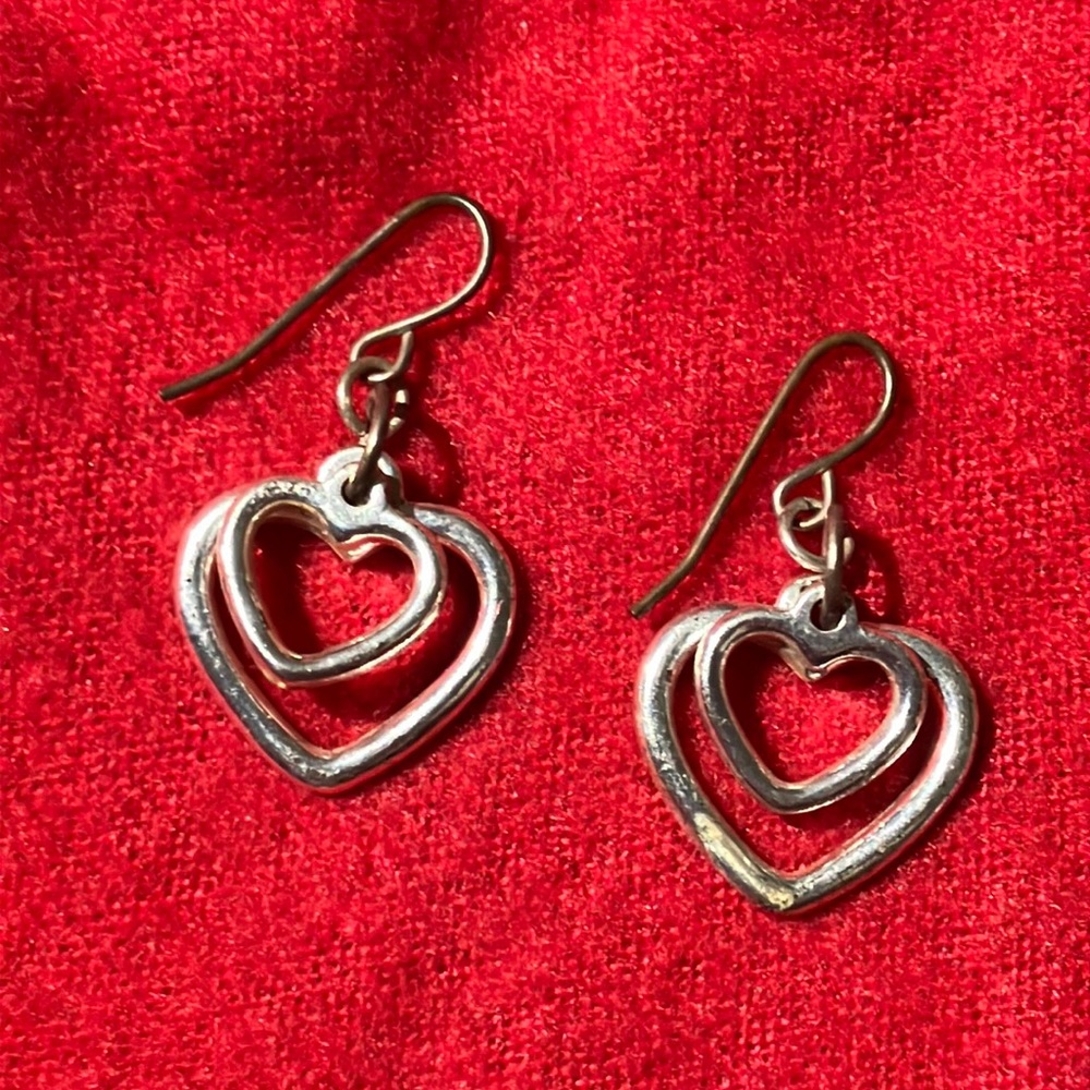 Silver tone double heart earrings